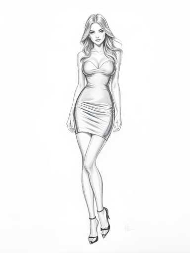 This black and white pencil sketch depicts a young woman, likely in her early 20s, with long, wavy hair that cascades past her shoulders. She has a slender build and is dressed in a tight, form-fitting dress that accentuates her figure, ending just above her knees. The dress features a sweetheart neckline and is paired with high-heeled shoes that have ankle straps. The woman stands with her legs crossed, her right leg over her left, and her arms hanging straight down by her sides. She gazes directly at the viewer with a neutral expression, her lips closed. The background is entirely white, and the artist's signature is located in the bottom right corner of the image.