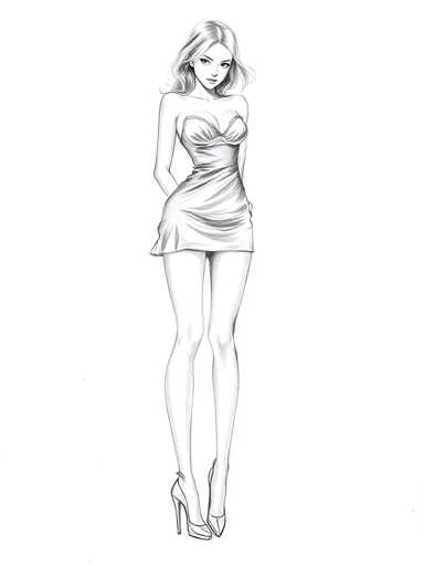 A black and white line drawing depicting a woman with blonde hair wearing a strapless dress and high heels.