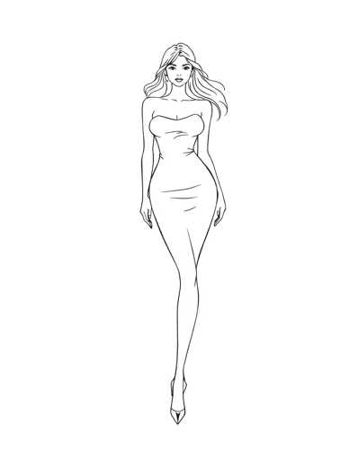 A black and white line drawing depicting a woman with long hair wearing a strapless dress and high heels walking away from the viewer.