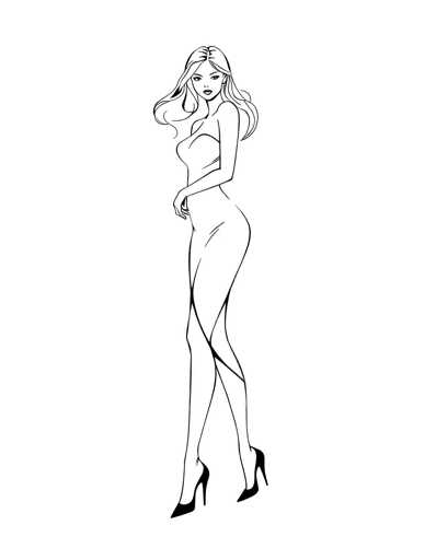 A black and white line drawing depicting a woman with long hair wearing high heels against a plain white background.