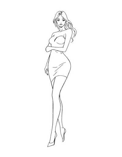 This black and white line drawing depicts a slender woman with long, wavy hair cascading down her back. She is dressed in a form-fitting dress that accentuates her curvy figure, ending just above her knees. The dress features a high slit on the left side, revealing her leg. Her right arm is bent at the elbow, with her hand resting on her chest, while her left arm hangs straight down by her side. She is wearing high heels, and her head is slightly tilted to the left, with her gaze directed straight ahead. The background is entirely white, emphasizing the simplicity and focus on the woman's detailed figure.