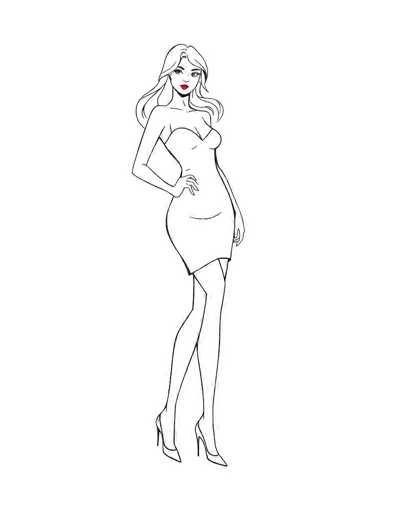 The image is a detailed black and white line drawing of a slender woman with long, wavy hair that cascades down to her waist. She is depicted wearing a strapless, tight-fitting dress that falls just above her knees, accentuating her curvy figure. Her right hand rests confidently on her hip, while her left arm hangs straight down by her side. She is wearing high-heeled shoes, with her legs crossed at the ankles. The only color in the image is her bright red lipstick, which stands out vividly against the monochrome background. The woman's face is characterized by large eyes, a small nose, and thin eyebrows. The overall style of the drawing is reminiscent of a coloring book page, with its clean lines and lack of shading, inviting viewers to add their own colors.