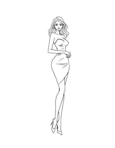 A black and white line drawing depicting a woman with long hair wearing a dress and heels standing on one leg against a plain white background.