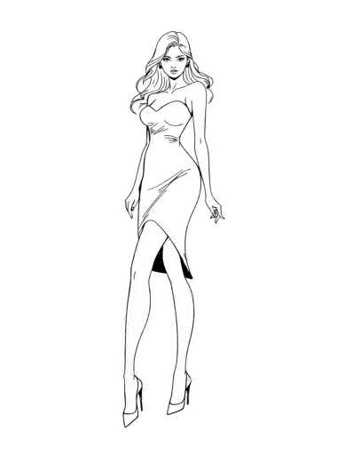 This black and white illustration features a striking woman with long, wavy hair cascading past her shoulders. She is depicted wearing a strapless dress that accentuates her curvaceous figure, with the skirt ending just above her knees and a high slit revealing a black garment underneath. Her arms hang naturally by her sides, and she is adorned with earrings. The woman's legs are bare, and she completes her elegant look with high-heeled shoes. Her facial expression is serious, and she gazes directly at the viewer. The entire image is rendered in black ink on a white background, with no additional text or elements.