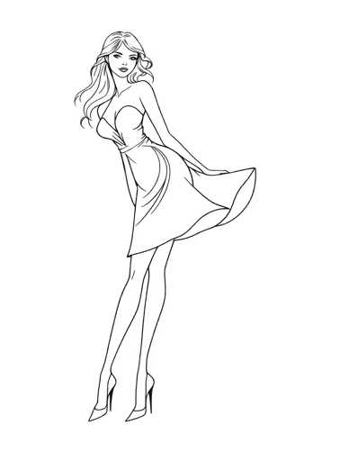 A black and white line drawing depicting a woman with long hair wearing a dress and high heels, captured mid-stride as she walks away from the viewer.