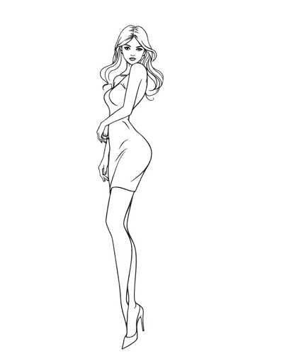 A black and white line drawing of a woman with long hair wearing a short dress and high heels.