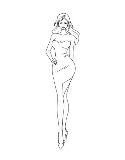 A black and white line drawing depicting a woman with long hair wearing a dress and heels, standing on one leg with her arms crossed over her chest.