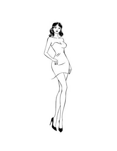 This black and white cartoon drawing features a slender woman with long, wavy black hair that falls just past her shoulders. She is depicted with a confident stance, one hand resting on her hip while the other hangs by her side. She is wearing a strapless, knee-length dress that accentuates her figure, particularly highlighting her large breasts and long legs. Her black high heels add to her poised appearance. The woman's face is characterized by large eyes, a small nose, and a small mouth, giving her a somewhat neutral expression. The drawing is set against a plain white background, emphasizing the simplicity and elegance of the illustration.