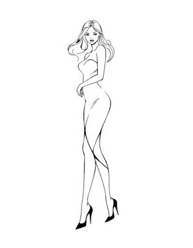 This black and white illustration features a slender woman with long, wavy hair cascading down her back. She is depicted in a white dress that accentuates her figure, with the fabric flowing gracefully around her legs. The woman is wearing black high heels, adding a touch of elegance to her ensemble. Her pose is poised and confident, with her right hand resting on her hip and her left arm bent at the elbow, positioned in front of her. She gazes directly at the viewer with a serene expression, her lips slightly parted. The background is entirely white, ensuring that all attention is drawn to the detailed and stylish portrayal of the woman.