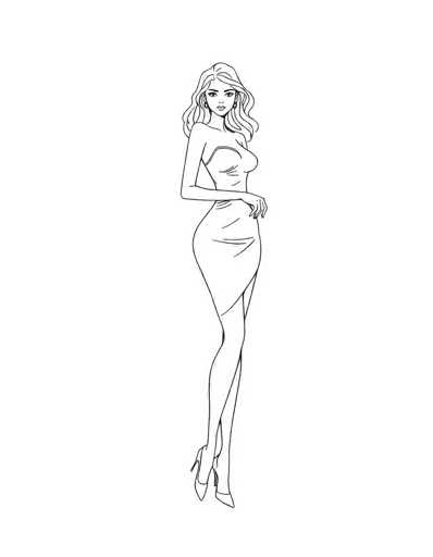 This black and white line drawing depicts a slender woman with long, wavy hair cascading past her shoulders. She is adorned with earrings and is dressed in a strapless, form-fitting dress that accentuates her curves, particularly her pronounced hip and bust. The dress features a slit on the left side, revealing her leg, and she is wearing high heels. The woman stands with her left hand resting on her hip, while her right arm is not visible. Her facial features are minimalistic, with only her eyes, eyebrows, nose, and mouth drawn in. The background is entirely white, emphasizing the simplicity and elegance of the sketch.