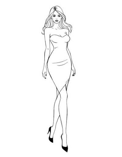 The image depicts a detailed black and white line drawing of a woman, likely created using a computer program. The woman has long, wavy hair that cascades down to her chest, with a middle part. Her facial features include large, expressive eyes, a small nose, and pink cheeks, giving her a somewhat cartoonish appearance. She is dressed in a strapless, form-fitting dress that accentuates her curvy figure, with the dress flaring out slightly at the bottom. The dress has a slit that reveals her legs, which are crossed at the ankles, and she is wearing black high heels. The woman's hands rest naturally at her sides, and she is looking directly at the viewer. The background is entirely white, emphasizing the stark contrast of the black and white drawing.