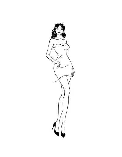 A black and white line drawing depicting a woman with long hair wearing a strapless dress and high heels standing on one leg against a plain white background.