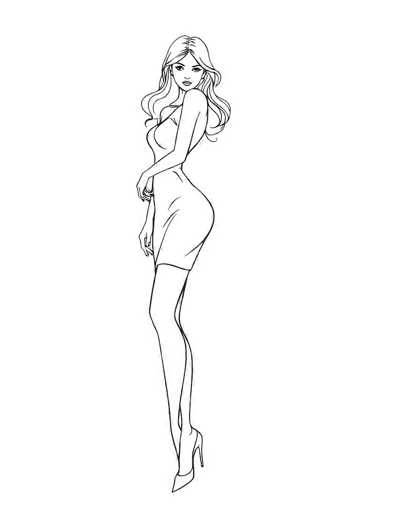 This black and white illustration features a slender woman with long, wavy hair cascading down her back. She is depicted in a side profile, facing left, with her head turned towards the viewer, gazing directly at us. Her attire includes a tight-fitting dress that accentuates her curvy figure, ending just above her knees. The dress has a deep V-neckline that dips down to her waist, and it is sleeveless, revealing her arms. She is wearing high-heeled shoes, with one leg slightly bent and the other straight. Her right hand is positioned in front of her stomach, while her left hand hangs by her side. The overall style of the drawing is reminiscent of a coloring book, with its simple yet detailed lines.