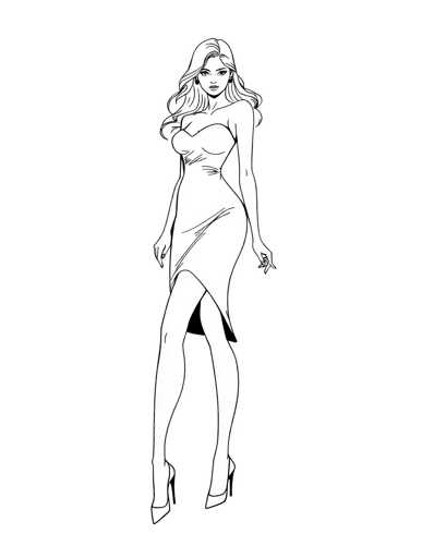 A black and white line drawing depicting a woman with long hair wearing a dress and high heels standing on one leg against a plain background.