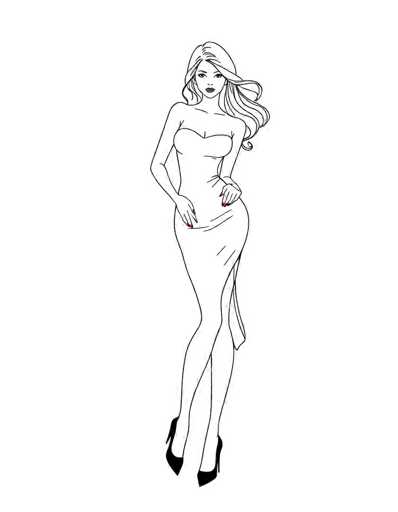 This image features a detailed black and white line drawing of a slender woman with long, wavy hair that cascades down to her waist. She is depicted wearing a strapless, form-fitting dress that accentuates her curves, particularly her large, round breasts and wide hips. The dress is floor-length and has a slit on the right side, revealing her leg which is crossed over her other leg. Her hands rest on her hips, showcasing her red fingernails. She is wearing black high heels, and her lips are colored with lipstick. The woman's face is turned towards the viewer, with her head slightly tilted to the right, and she has a neutral expression. The drawing is set against a plain white background, emphasizing the intricate details of her figure and attire.
