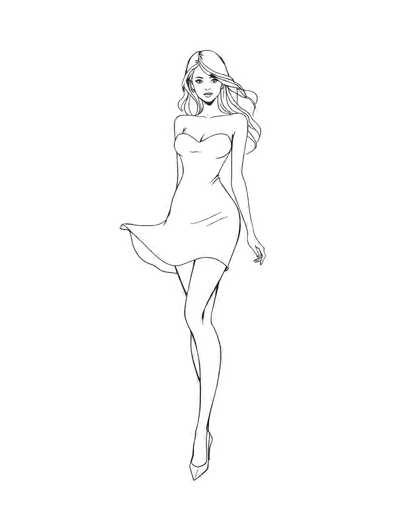 A black and white line drawing of a woman in a short, strapless dress. The woman is standing with one hand gently resting on her hip and the other slightly extended, as if posing. Her long, wavy hair flows around her shoulders, and she has a delicate, elegant posture. The dress is simple but stylish, with a flared skirt that adds movement to the design. She's wearing high-heeled shoes, and her expression is serene and confident. The drawing focuses on the woman's form and the flow of her dress, highlighting a graceful and fashionable aesthetic.