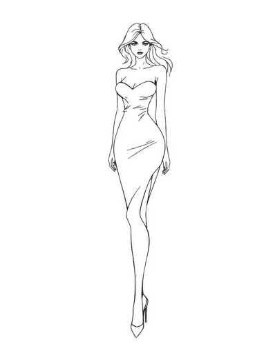 This image is a detailed black and white sketch of a woman, likely created using pen or pencil. The woman is depicted with long, flowing hair that cascades down her back, and she has a serious expression on her face. She is wearing a strapless dress that accentuates her figure, with a V-neckline and a high slit on the left side, revealing her leg. The dress is form-fitting, particularly around the waist and chest, and features a few wrinkles that add texture to the drawing. Her arms hang straight down by her sides, and she is wearing high-heeled shoes. The entire image is set against a plain white background, emphasizing the intricate details of the woman's attire and features.