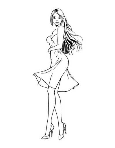 This black and white illustration features a woman with long, wavy hair cascading down her back. She is dressed in a strapless, knee-length dress that flares out at the bottom, giving the impression of movement as if she is twirling. The dress has a low neckline and a defined waistline. She is wearing high heels, and her right leg is slightly bent while her left leg remains straight. The woman's body is angled to the left, but her head is turned towards the viewer, with her eyes looking directly at us. Her left arm is bent at the elbow, resting on her hip, while her right arm is obscured by the dress. The background is plain white, emphasizing the detailed linework of the drawing.