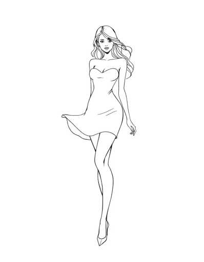 A black and white line drawing depicting a woman with long hair wearing a dress and heels, standing on one leg with her arms outstretched.