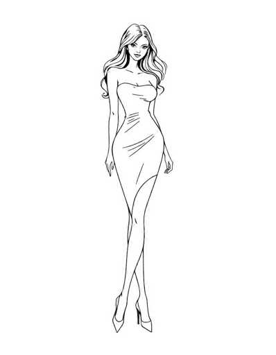 The image is a black and white line drawing of a slender woman with long, wavy hair that cascades down to her waist. She is depicted wearing a strapless, form-fitting dress that accentuates her figure, with the fabric flowing slightly to the right. The dress features a slit that extends up to her upper thigh, revealing her legs, which are crossed at the knee with the right leg over the left. She is wearing high-heeled shoes, and her arms hang naturally by her sides. The woman has a slight smile on her face, and the drawing is set against a plain white background.