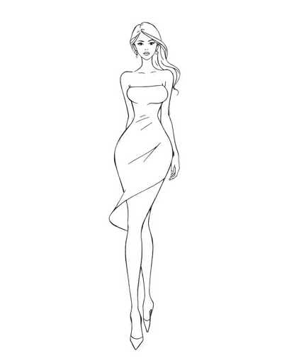 This black and white line drawing depicts a slender woman with long, wavy hair cascading down her back. She is adorned with earrings and is dressed in a strapless, form-fitting dress that accentuates her figure, particularly her pronounced bust and curvy hips. The dress features a slit on the left side, revealing her leg, and is complemented by high-heeled shoes. Her right leg is slightly bent, adding a dynamic element to her pose. The woman's facial features are minimalistic, with simple lines representing her eyes, nose, and mouth. The entire image is rendered in black ink on a white background, emphasizing the stark contrast and elegant simplicity of the illustration.