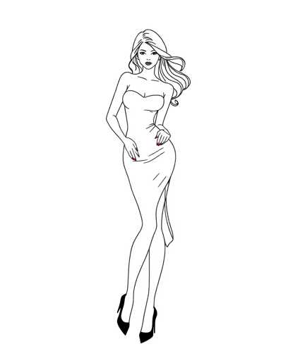 A black and white line drawing depicting a woman with long blonde hair wearing a strapless dress and high heels. The woman is holding a purse in her left hand while standing on the right side of the image.
