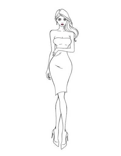 The image depicts a detailed black-and-white line drawing of a slender woman with long, wavy hair cascading over her left shoulder. She is wearing a strapless, knee-length dress that accentuates her figure, with one arm bent across her waist and the other hanging down by her side. Her right leg is slightly bent, and she is wearing high heels. The woman's facial features are striking, with large eyes, red lipstick, and a single earring visible on her right ear. The drawing is set against a white background, with the only colors being the black lines of the sketch and the red of her lipstick.