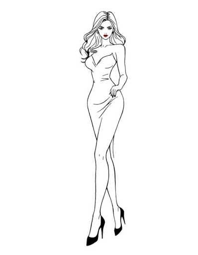 The image is a detailed black and white line drawing of a woman, with the exception of her red lipstick and black high heels. The woman has long, wavy hair that cascades down to her waist, with a middle part. She is depicted in a confident stance, her left hand resting on her hip, and her right leg slightly bent and crossed in front of her left leg. She is wearing a form-fitting, one-shoulder dress that accentuates her figure, particularly highlighting her large bust and curvy hips. The dress is sleeveless and has a V-neckline that reveals some cleavage. Her left arm hangs straight down by her side. The drawing is set against a plain white background, emphasizing the simplicity and elegance of the illustration.