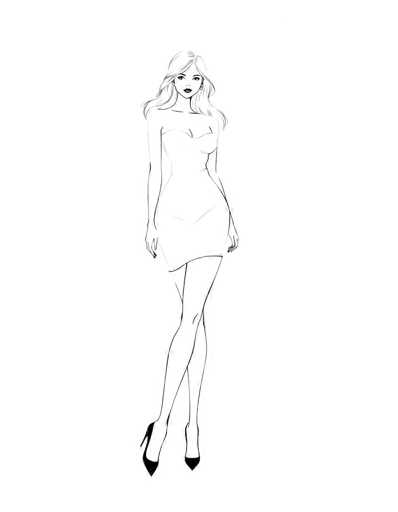 This image features a detailed black and white sketch of a woman, likely a fashion model, set against a plain white background. The woman has long, wavy hair that cascades past her shoulders, with a slight part on the right side. She is depicted with a serious expression, her dark eyes and full lips accentuated by makeup. She wears a strapless, knee-length dress that reveals her cleavage and highlights her slender figure. Her arms hang naturally by her sides, with her hands slightly turned inward. She is wearing black high heels, and her legs are crossed at the ankles, with the right leg positioned slightly in front of the left. The sketch captures fine details such as her long fingernails and the subtle shading that adds depth to her features and attire.