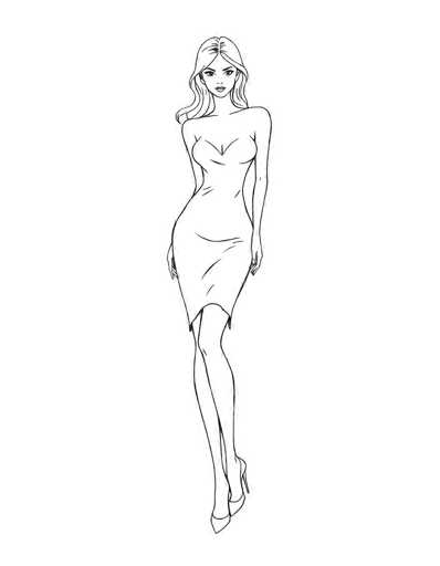 This image features a detailed black and white sketch of a woman, likely created using a fine-tipped marker or pen. The woman is depicted with long, wavy hair that cascades down to her shoulders. She has a slender build, accentuated by her attire and pose. She is wearing a form-fitting dress that is sleeveless and features a V-neckline. The dress is designed to highlight her figure, with a fitted waist that flares out slightly towards the bottom, ending just above her knees. The dress also has a high slit on the left side, revealing her leg. She is wearing high heels, with the heel on her right foot being notably taller than the one on her left. The woman's arms are positioned at her sides, and she is looking directly at the viewer with a neutral expression. The background is entirely white, emphasizing the simplicity and focus on the figure itself.