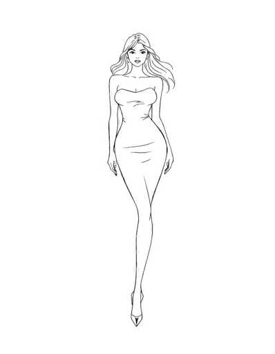 This image features a detailed black and white line drawing of a slender woman with long, wavy hair that cascades past her shoulders. She is depicted wearing a strapless, form-fitting dress that accentuates her figure, particularly her pronounced waist and curvy hips. The dress extends down to her ankles, where she is wearing high-heeled shoes. Her arms hang naturally by her sides, and her facial expression is neutral, with her eyes looking straight ahead. The drawing is set against a plain white background, emphasizing the simplicity and elegance of the illustration.