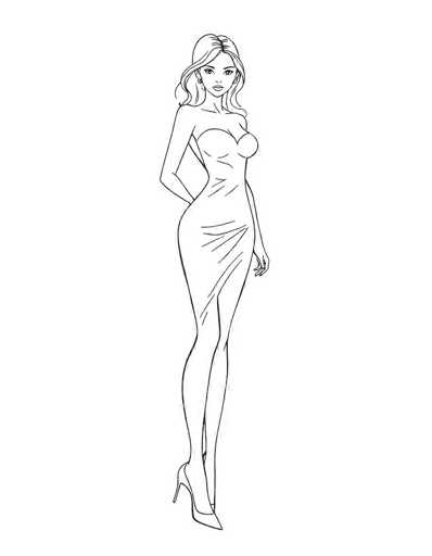 The image is a detailed black and white line drawing of a woman, likely created using a computer program. She stands confidently, facing the viewer with her head slightly tilted to the right. Her long, wavy hair cascades down to her shoulders, with a middle part and a slight curl at the ends. She has large, expressive eyes, a small nose, and full lips, adorned with earrings. 

The woman is dressed in a strapless, form-fitting dress that accentuates her curves, particularly her large bust and long legs. The dress features a slit up to her upper thigh, revealing her right leg, and she is wearing high heels. Her left arm hangs naturally by her side, while her right arm is bent at the elbow, with her hand resting on her hip. The drawing is set against a plain white background, emphasizing the simplicity and elegance of the illustration.