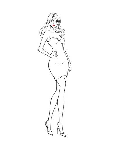 A black and white line drawing depicting a woman with long hair wearing a strapless dress and high heels. The woman is standing on one leg with her arms crossed over her chest.