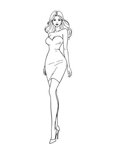 A black and white line drawing depicting a woman with long hair wearing a strapless dress and high heels. The woman is standing on one leg with her arms crossed over her chest, facing to the right side of the image.