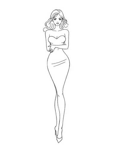This black and white line drawing depicts a slender woman with long, wavy hair that cascades down to her shoulders. She is dressed in a form-fitting dress that accentuates her curves, particularly her large breasts and slender waist. The dress, which is sleeveless and strapless, extends down to her ankles, where she is wearing high heels. Her arms are crossed in front of her chest, with her right hand resting on her left wrist. The woman's facial features include a small nose, thin eyebrows, and a subtle smile. The drawing is set against a plain white background, emphasizing the simplicity and elegance of the illustration.