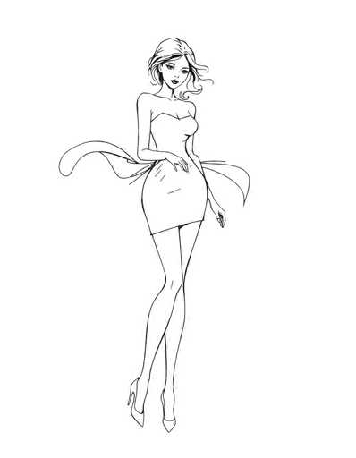This black and white line drawing depicts a slender woman with long, wavy hair cascading over her shoulders. She is dressed in a strapless, tight-fitting dress that falls just above her knees, featuring a distinctive bow or ribbon detail at the back. The woman's right arm is bent at the elbow, with her hand resting on her hip, while her left arm hangs straight down by her side. She is wearing high heels, and her legs are crossed at the ankles. Her facial features include dark eyes, dark eyebrows, and dark lips, and she is looking slightly to the right. The background is plain white, emphasizing the simplicity and elegance of the sketch.