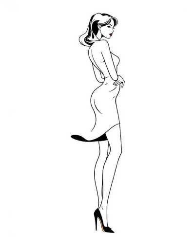 The image depicts a cartoon-style drawing of a slender woman with long, dark hair that cascades down her back. She is wearing a form-fitting dress that accentuates her curvy figure, particularly highlighting her large breasts and wide hips. The dress is backless, revealing her bare back and the upper part of her buttocks. She is also wearing black high heels, with the left shoe slightly lifted, exposing the heel. The woman's face is turned to the right, showcasing her red lipstick and long eyelashes. The entire drawing is primarily in black and white, with the exception of her red lips and the black high heels. The background is completely white, emphasizing the simplicity and focus on the woman's figure.