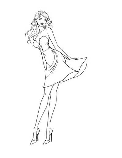This black and white line drawing features a slender woman with long, wavy hair cascading down to her waist. She is depicted in a strapless, knee-length dress that flares out at the bottom, as if caught in a gentle breeze. The woman is standing with her legs crossed, one leg slightly in front of the other, and she is wearing high heels. Her right arm is bent at the elbow, with her hand resting on her hip, while her left arm is extended behind her, holding the back of her dress. She has a serious expression on her face, with her head slightly tilted to the right. The drawing is set against a plain white background, emphasizing the simplicity and elegance of the sketch.