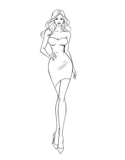This black and white line drawing depicts a slender woman with long, wavy hair cascading past her shoulders. She is dressed in a strapless, tight-fitting dress that accentuates her curvy figure, ending just above her knees. The dress features a slit on the left side, revealing her leg. She is wearing high-heeled shoes with pointed toes. Her right hand rests on her hip, while her left hand hangs by her side. The woman has a serious expression, with her mouth slightly open, and she is adorned with earrings. The drawing is set against a plain white background, emphasizing the simplicity and elegance of the sketch.