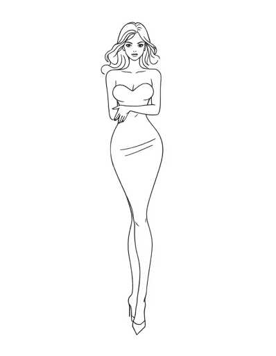 A black and white line drawing depicting a woman with long hair wearing a strapless dress and high heels. The woman is standing upright on her left foot while her right foot is resting on the ground.