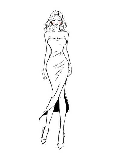This image features a detailed black and white line drawing of a woman, set against a white background. The woman is depicted with long, wavy hair that falls just below her shoulders. She has a slender build and is wearing a strapless, form-fitting dress that accentuates her figure, with a slit on the left side revealing her leg. The dress is adorned with black lines that add texture and depth to the otherwise monochromatic drawing. She is wearing high-heeled shoes, which appear to be either white or light gray. Her arms hang naturally by her sides, and she is accessorized with red earrings. The woman's face is characterized by a pointy chin and a neutral expression, with her eyes looking slightly to the left. The overall style of the drawing is reminiscent of a coloring book page, with its clean lines and lack of shading, inviting viewers to add their own colors.