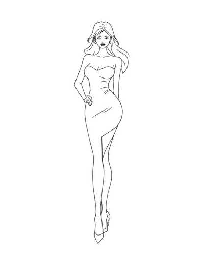 This image features a detailed black and white line drawing of a woman, likely intended as a coloring page. The woman is depicted with long, flowing hair that cascades down to her waist, parted in the middle. She is adorned with small earrings and has a full face of makeup, including lipstick. She is wearing a strapless, form-fitting dress that accentuates her curvy figure, particularly her large breasts and wide hips. The dress extends down to her ankles, where she is wearing high heels. Her right hand rests on her hip, while her left arm hangs straight down by her side. The drawing is set against a plain white background, emphasizing the intricate details of her pose and attire.
