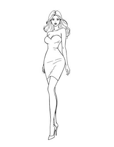 This black and white illustration features a slender woman with long, wavy hair that cascades past her shoulders. She is depicted wearing a strapless, knee-length dress that accentuates her figure, particularly highlighting her large bust and curvy hips. Her arms hang naturally by her sides, and she is adorned with earrings. The woman's lips are painted a bold red, adding a striking contrast to the monochromatic image. She stands in high heels, with one foot slightly positioned in front of the other, giving a poised and elegant stance. The background is entirely white, emphasizing the detailed linework of the drawing.