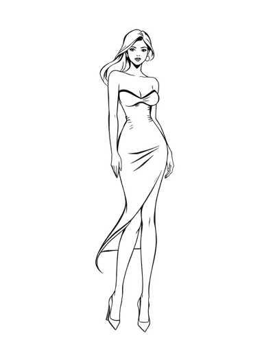 A black and white line drawing depicting a woman with long hair wearing a strapless dress and high heels. The woman is standing upright on one leg, facing the viewer directly.