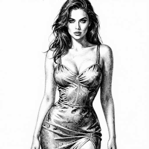 This black and white pencil drawing depicts a woman with long, wavy hair cascading past her shoulders. She is dressed in a form-fitting, sleeveless dress that accentuates her figure, featuring thin straps over her shoulders and a high slit on the left side, revealing her leg. The dress appears to be made of a shiny material, possibly satin or silk, and is adorned with intricate patterns resembling fish and dots. The woman's facial features are striking, with large eyes, a small nose, and full lips. Her expression is serious, with her gaze directed straight ahead. The drawing captures her from the top of her head down to just above her knee, with her arms hanging naturally by her sides. The background is stark white, emphasizing the detailed shading and texture of the drawing.