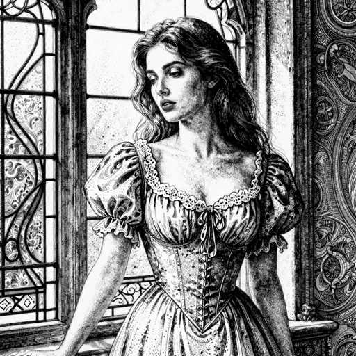 This black and white illustration, reminiscent of a woodcut or an ink drawing, depicts a young woman in a Victorian-style dress. The woman, who has long, wavy hair cascading past her shoulders, is adorned in a dress with puffy sleeves that taper at the elbows and a deep V-neckline, accentuated by a lace collar. Her dress features a corset-like bodice with a bow at the center and a full skirt. She stands in front of a large, ornate window with intricate leaded glass patterns, framed by wooden trim. The background includes a detailed wall with elaborate wallpaper, adding to the vintage ambiance of the scene. The woman gazes downward to her left, her expression contemplative, with her right hand resting on a wooden railing.