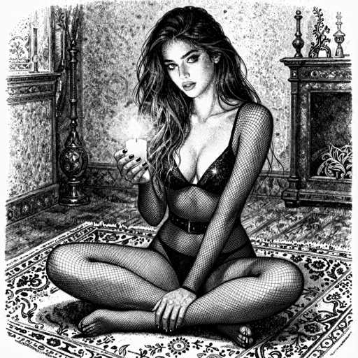 This black-and-white illustration depicts a young woman seated on a patterned rug, her body facing the viewer while her head is turned to the left. She is dressed in a black bra and panties, with fishnet stockings covering her arms and legs. Her long, wavy hair cascades down to her chest, and she has dark, manicured nails. In her right hand, she holds a lit candle, which casts a warm glow. The background features a detailed interior setting with a fireplace adorned with candlesticks and a window with a curtain, adding to the cozy ambiance. The intricate patterns on the rug and the woman's attire contribute to the overall vintage aesthetic of the scene.