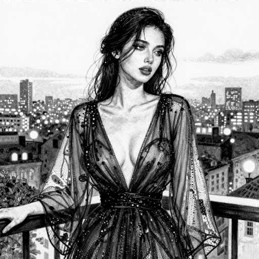 A detailed black and white illustration captures a young woman, likely in her early 20s, standing on a balcony overlooking a bustling cityscape. The woman, who has long dark hair cascading down her back, is adorned in a sheer, lacy dress with a plunging neckline that reveals a significant portion of her chest. The dress is cinched at the waist with a black belt, accentuating her slender figure. She gazes off to the right, her lips slightly parted, with a serene expression on her face. The balcony railing is visible in the foreground, and the background is filled with the twinkling lights of skyscrapers and buildings, suggesting a vibrant urban environment. The illustration is rich in detail, capturing the essence of the scene with a realistic yet artistic touch.