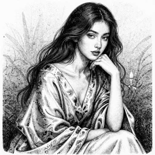 This black and white illustration features a young woman with long, dark hair cascading down her back. She is seated with her left arm resting on her knee, while her right arm is tucked underneath her left elbow. The woman is adorned in a flowing robe that drapes elegantly around her. Her facial features are distinct, with full lips and a contemplative expression. The background is filled with intricate, abstract patterns that resemble leaves or feathers, adding a sense of depth and texture to the scene. The overall composition is rich in detail, creating a serene and evocative atmosphere.