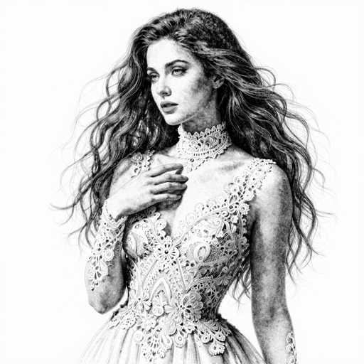 This black and white pencil drawing depicts a young woman, likely in her early 20s, with long, wavy hair cascading down to her waist. She is adorned in an elaborate, lacy dress that features intricate floral patterns and a deep V-neckline. The dress is sleeveless, with a high collar that extends up to her neck, and the skirt flares out slightly below her hips. The woman's right hand is raised to her chest, with her fingers gently touching her neck, while her left arm hangs straight down by her side. Her gaze is directed slightly to the left, and her expression is neutral, with her lips slightly parted. The background is a plain white, emphasizing the detailed and delicate nature of the drawing.